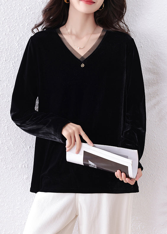 Black V Neck Patchwork Silk Velour Shirt Tops Fall
