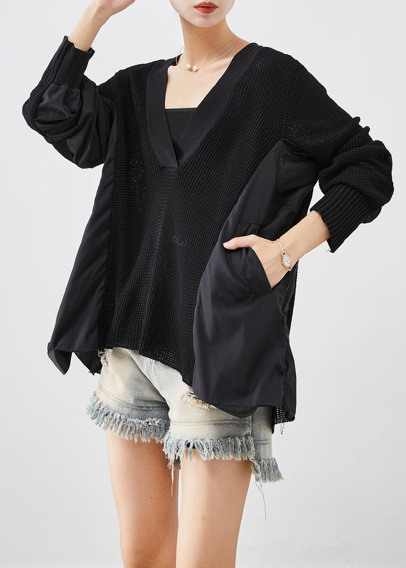 Black V Neck Patchwork Wrinkled Knit Tops Batwing Sleeve