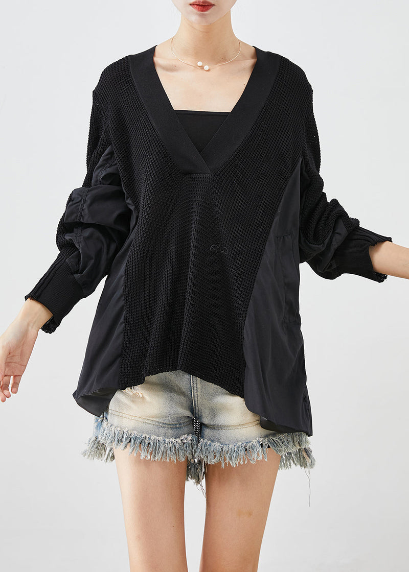 Black V Neck Patchwork Wrinkled Knit Tops Batwing Sleeve