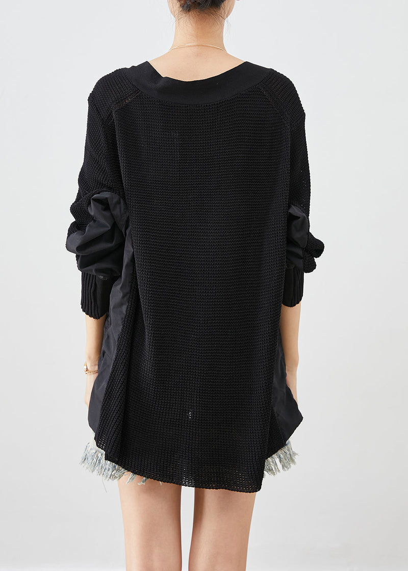 Black V Neck Patchwork Wrinkled Knit Tops Batwing Sleeve