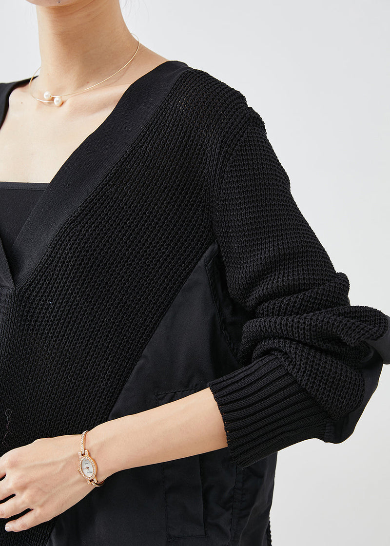 Black V Neck Patchwork Wrinkled Knit Tops Batwing Sleeve