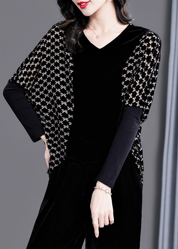 Black V Neck Plaid Patchwork Velour Tops Long Sleeve