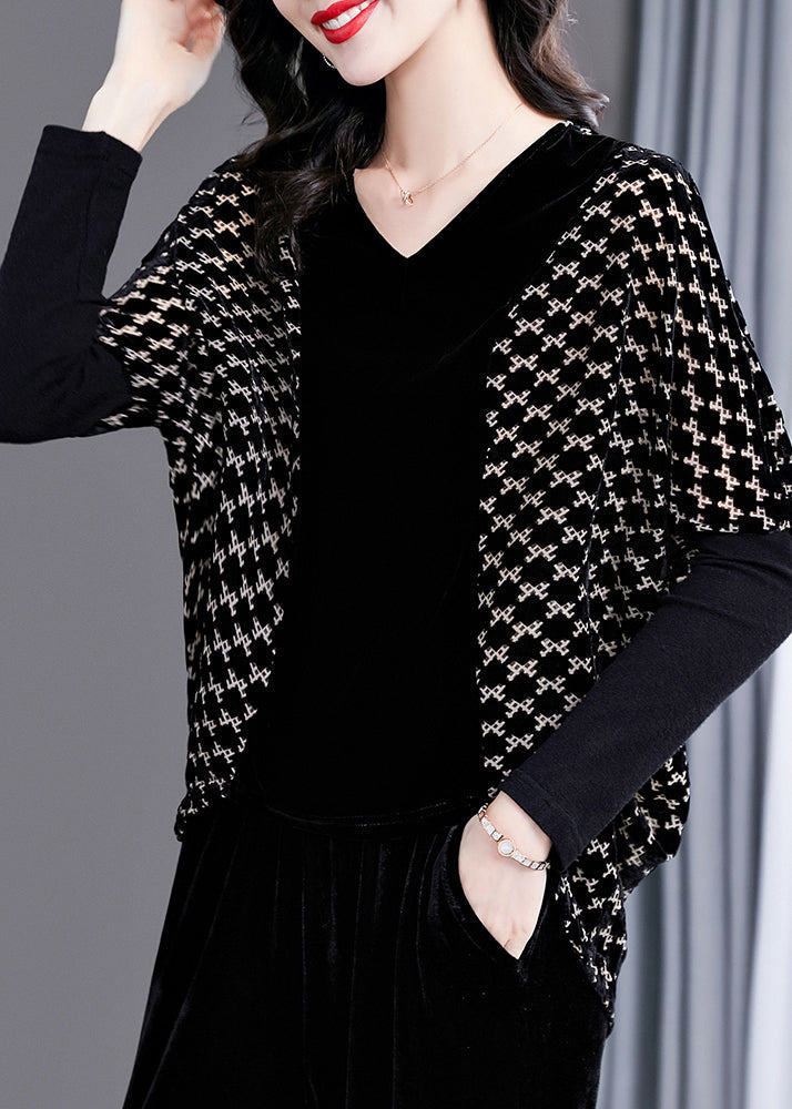 Black V Neck Plaid Patchwork Velour Tops Long Sleeve