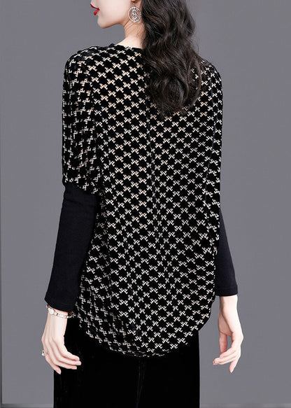 Beautiful Black V Neck Plaid Patchwork Velour Tops Long Sleeve