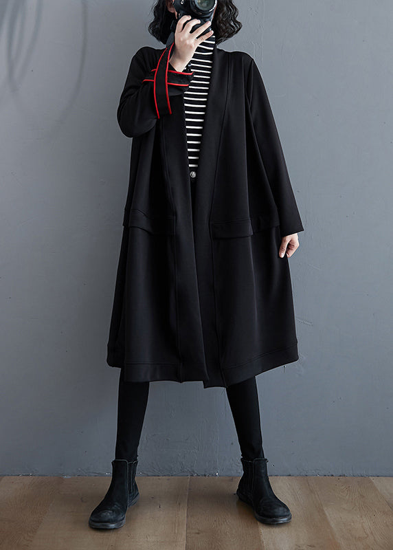 Black V Neck Pockets Patchwork Cotton Cardigans Fall