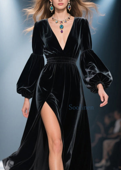 Black V Neck Side Open Velvet Long Dress Spring