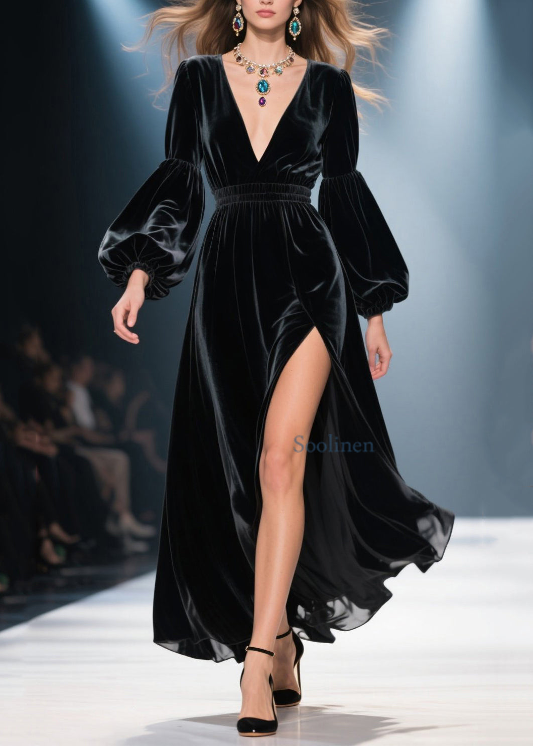 Black V Neck Side Open Velvet Long Dress Spring