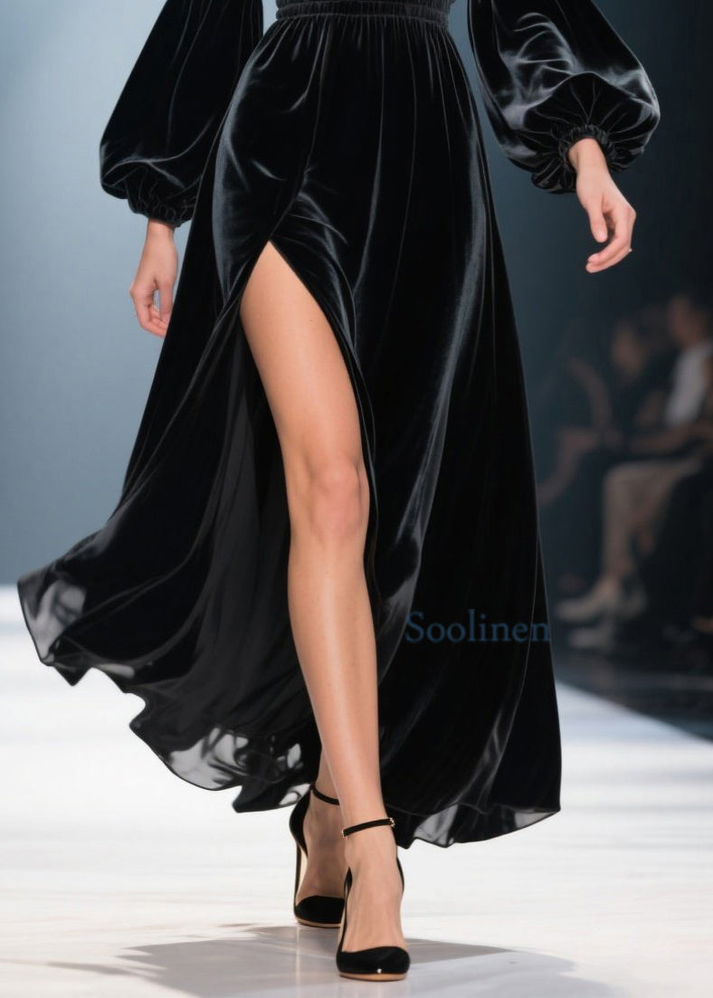 Black V Neck Side Open Velvet Long Dress Spring