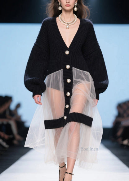 Black V Neck Tulle Patchwork Knit Loose Coat Fall