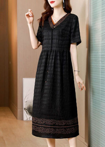 Black V Neck Wrinkled Silk Long Dress Summer