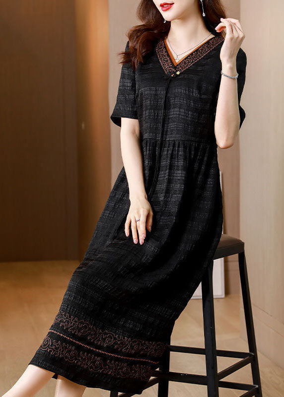 Black V Neck Wrinkled Silk Long Dress Summer