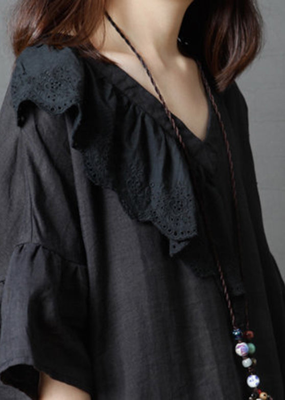 Black V Neck Asymmetrical Design Dress Flare Sleeve