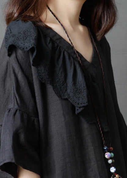 Black V Neck Asymmetrical Design Dress Flare Sleeve