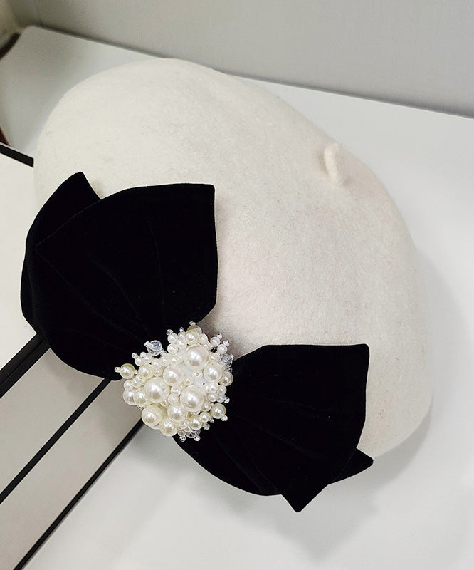 Black Velvet Bow Nail Bead Woolen Breton Hat