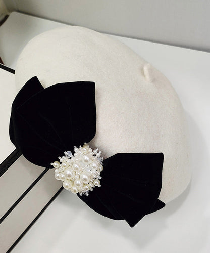 Black Velvet Bow Nail Bead Woolen Breton Hat