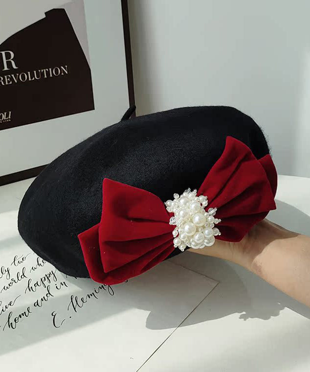 Black Velvet Bow Nail Bead Woolen Breton Hat