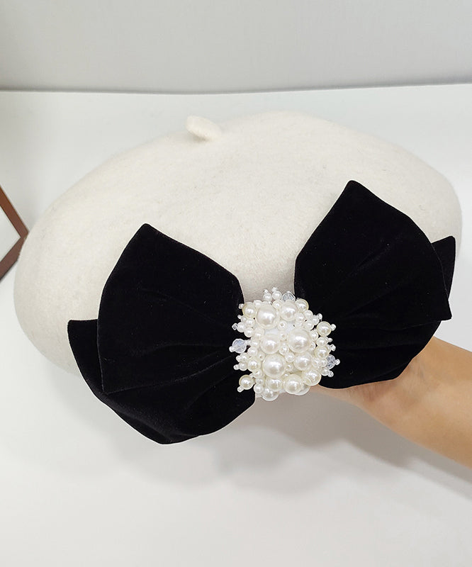 Black Velvet Bow Nail Bead Woolen Breton Hat