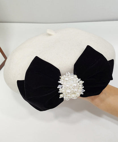 Black Velvet Bow Nail Bead Woolen Breton Hat