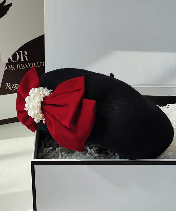 Black Velvet Bow Nail Bead Woolen Breton Hat