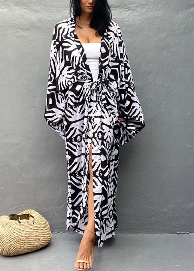 Black White V Neck Print Tie Waist Long Holiday Cardigans Summer