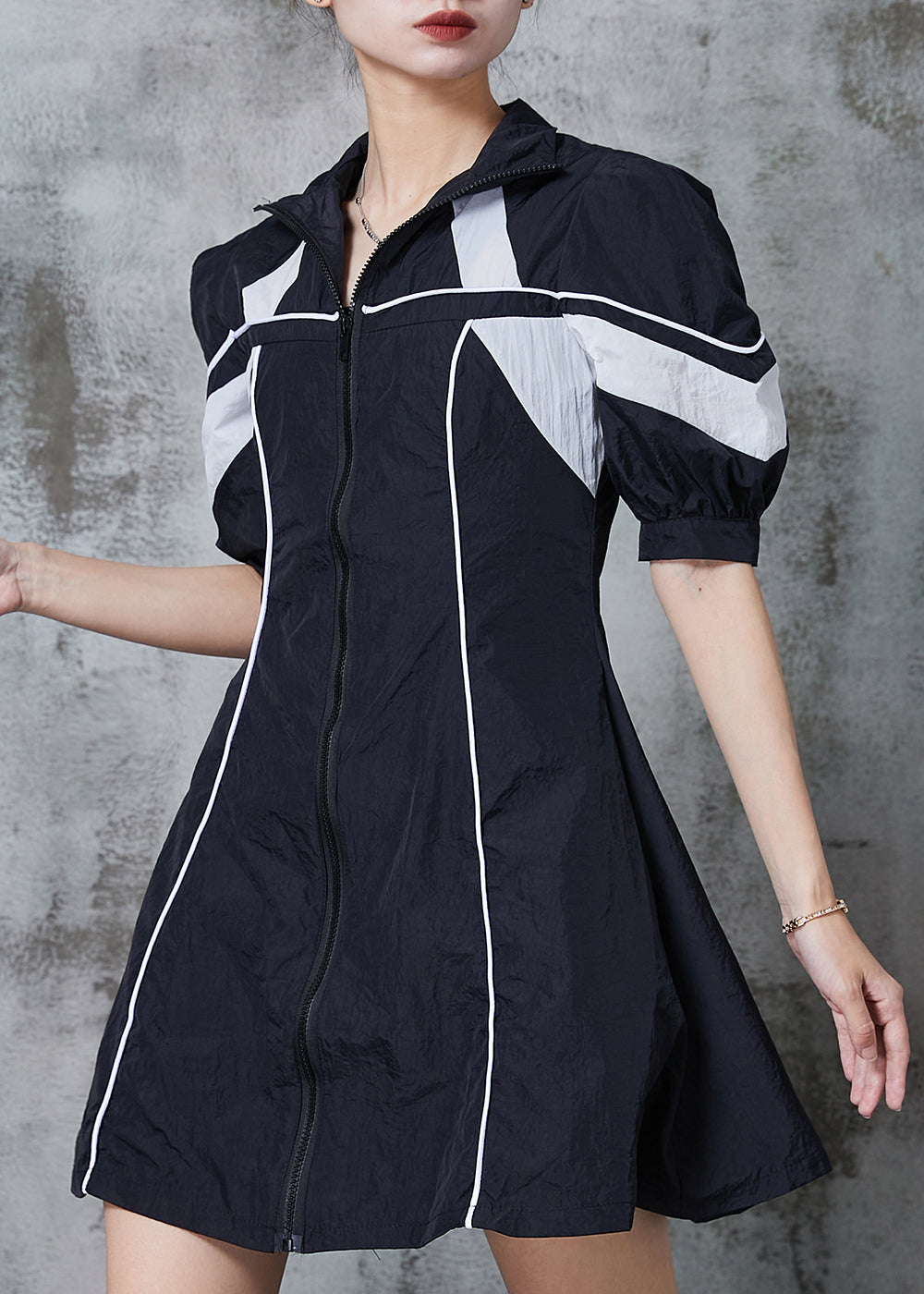 Black Zip Up Patchwork Spandex Sweatshirt Dresses Summer