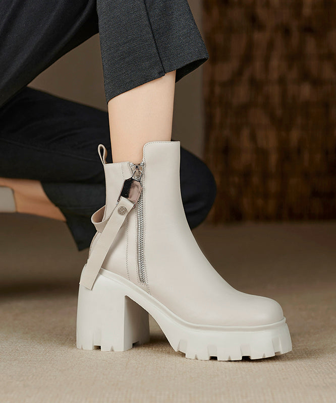 Black Zippered Splicing Cowhide Leather Chunky Heel Boots