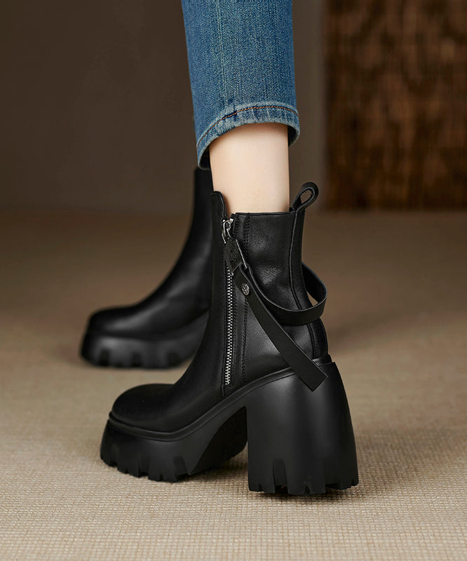 Black Zippered Splicing Cowhide Leather Chunky Heel Boots