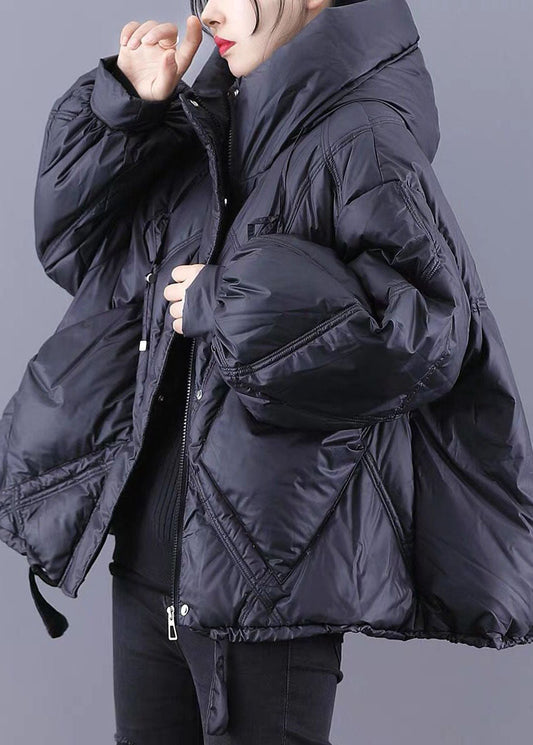 Black Hooded Loose Zippered Warm Winter Duck Down Jacket
