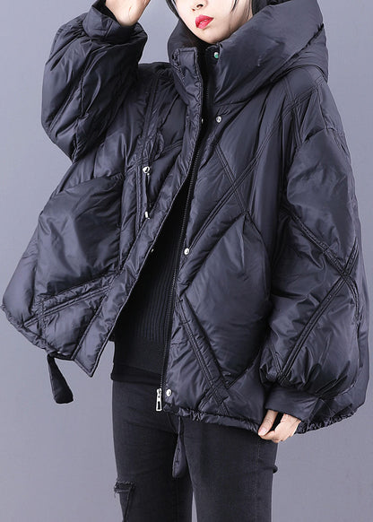 Black Hooded Loose Zippered Warm Winter Duck Down Jacket
