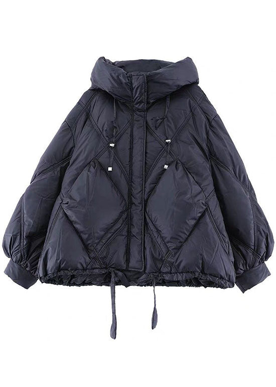 Black Hooded Loose Zippered Warm Winter Duck Down Jacket