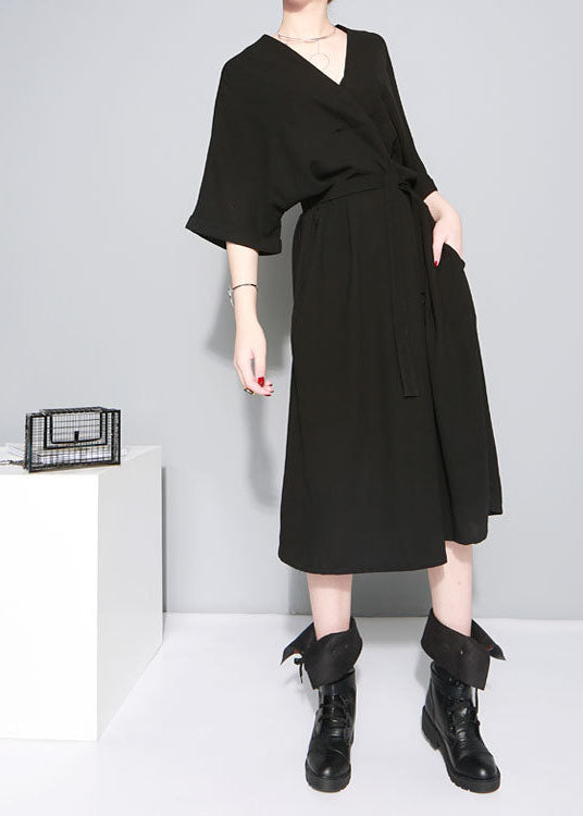 Black Tie Waist V Neck Dress Half Sleeve