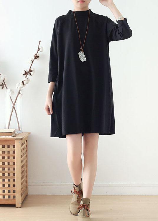 Black Zippered Cotton Long Sleeve Pockets Fall Dress