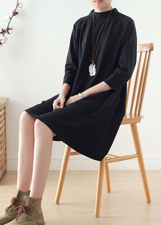 Black Zippered Cotton Long Sleeve Pockets Fall Dress