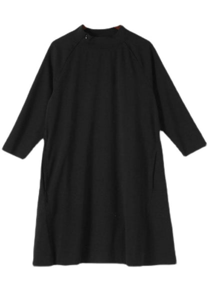 Black Zippered Cotton Long Sleeve Pockets Fall Dress