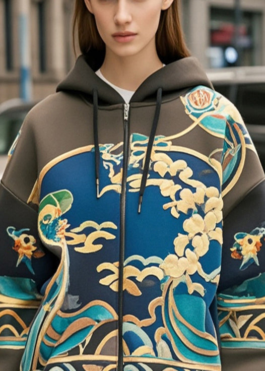 Blackish Green Oversized Print Cotton Hoodie Coat Fall