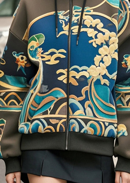 Blackish Green Oversized Print Cotton Hoodie Coat Fall