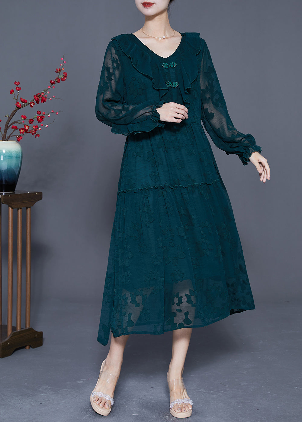 Blackish Green Ruffled Patchwork Silk Maxi Dress Summer