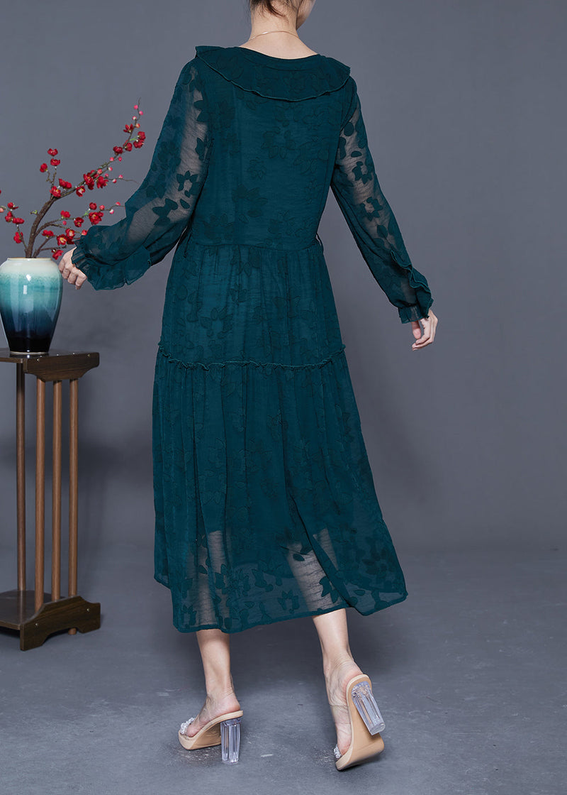 Blackish Green Ruffled Patchwork Silk Maxi Dress Summer