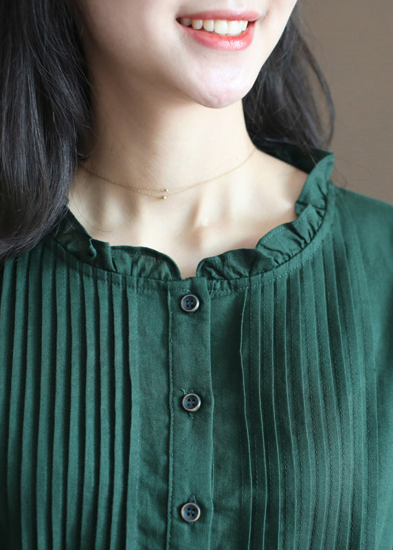 Blackish Green Ruffled Wrinkled Drawstring Cotton Dress Short Sleeve
