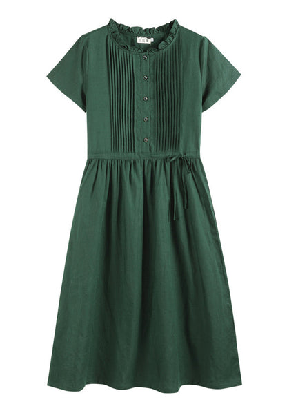 Blackish Green Ruffled Wrinkled Drawstring Cotton Dress Short Sleeve