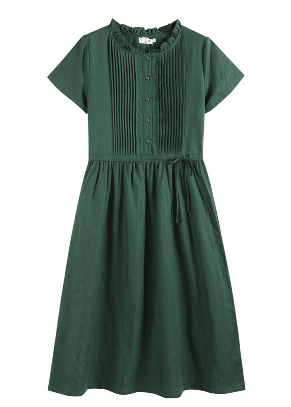Blackish Green Ruffled Wrinkled Drawstring Cotton Dress Short Sleeve