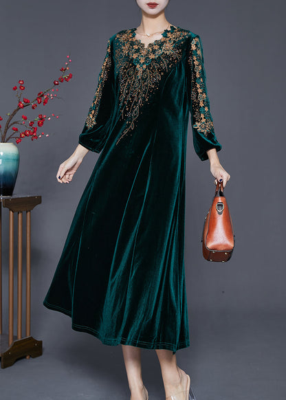 Blackish Green V Neck Zircon Silk Velour Maxi Dresses Fall