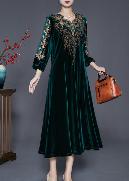Blackish Green V Neck Zircon Silk Velour Maxi Dresses Fall