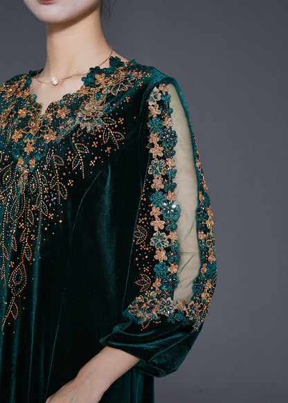 Blackish Green V Neck Zircon Silk Velour Maxi Dresses Fall