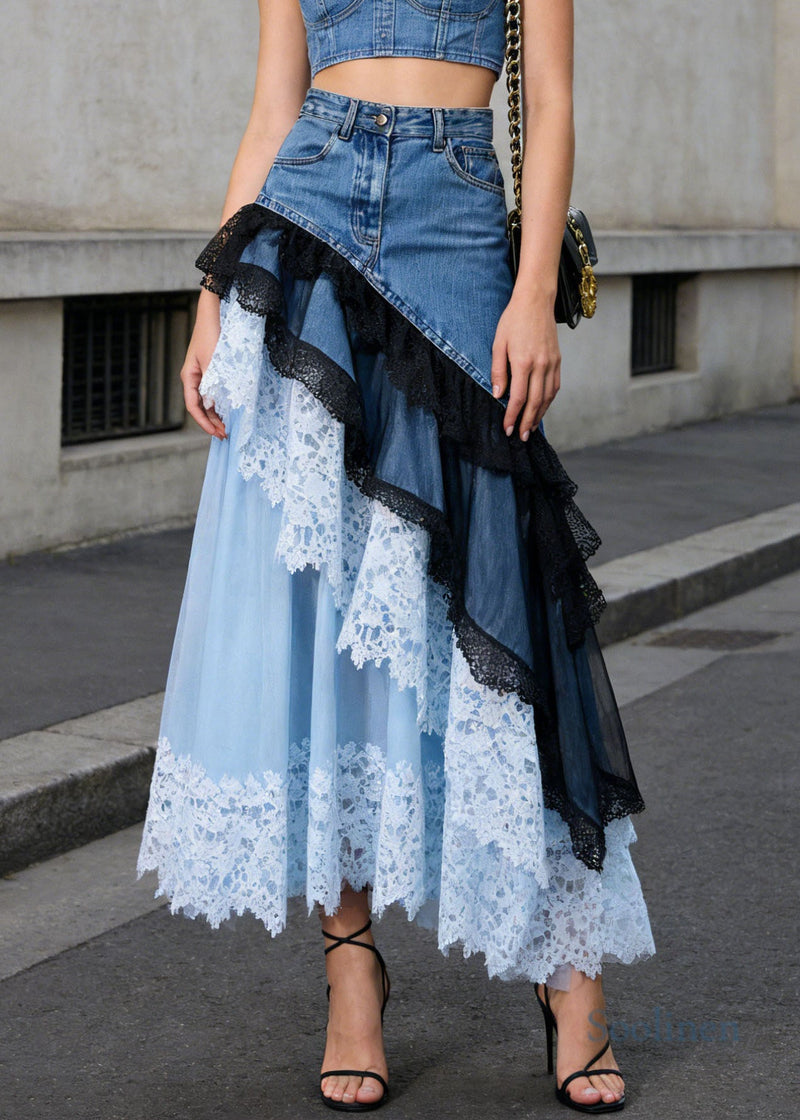 Blue Asymmetrical Lace Patchwork Denim Skirts Summer