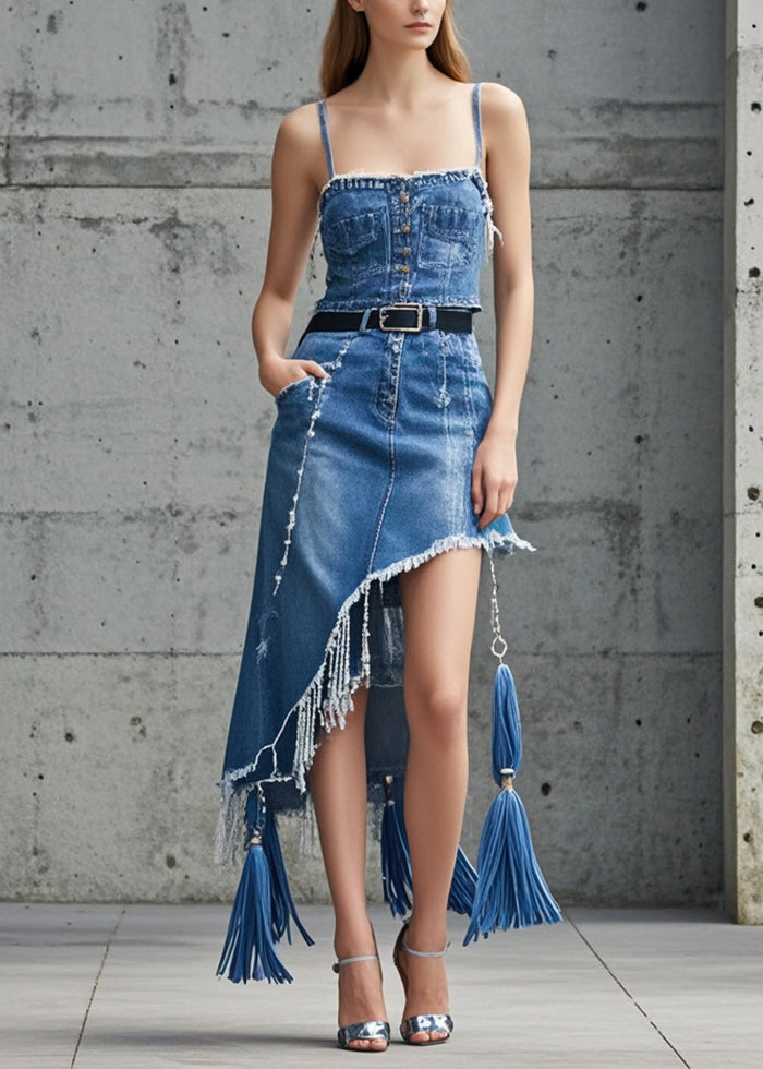 Blue Asymmetrical Tasseled Denim Skirts Spring