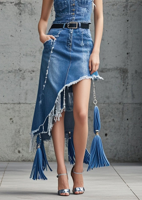 Blue Asymmetrical Tasseled Denim Skirts Spring