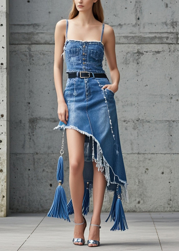 Blue Asymmetrical Tasseled Denim Skirts Spring