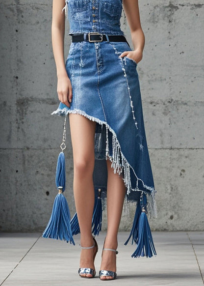 Blue Asymmetrical Tasseled Denim Skirts Spring