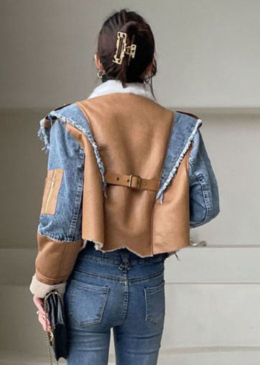 Blue Asymmetrical Denim Patchwork Jackets Winter